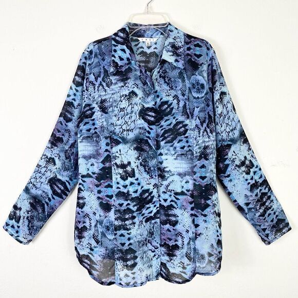 Cabi #609 Blue & Black Python Snakeskin Print Long Sleeve Button Up Shirt Size M - Picture 1 of 5